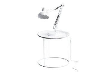 Modern white round coffee table with lamp on thin legs and round base. 3d render