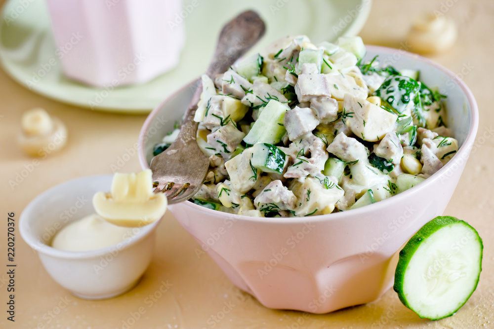 Wall mural Pork tongue, mushrooms, fresh cucumber salad on kitchen table with ingredients. Russian cuisine