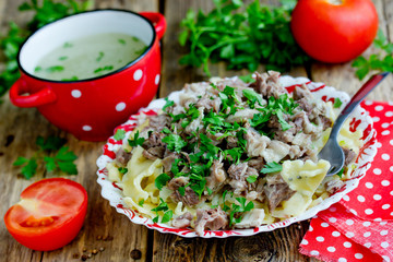 Beshbarmak national kazakh dish - egg noodles with boiled meat, onion and cilantro greens served with broth in bowl on wooden table