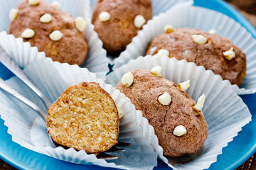 Traditional russian cake kartoshka chocolate truffle potatoes. Rum balls of vanilla biscuit with cocao powder and butter cream