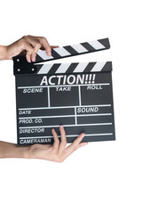 Obraz premium Man holding movie production clapper board isolated on white background
