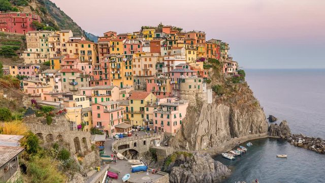Manalora Italy time lapse 4K, city skyline day to night timelapse at Cinque Terre