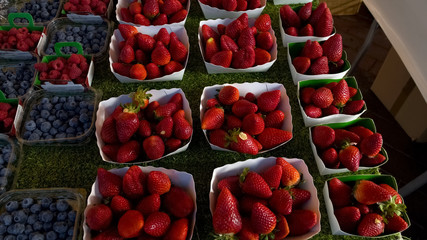 Fresh blackberries and strawberries, wide assortment on local fruit market