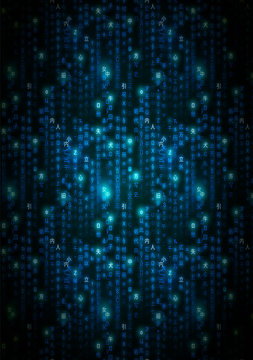 Blue matrix symbols, digital binary code on dark, vertical technology background a4 size