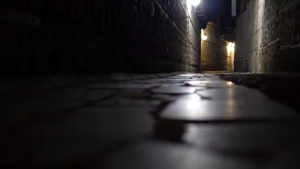 Printed kitchen splashbacks Narrow Alley Mysterious narrow alley with stone pavement lanterns at night