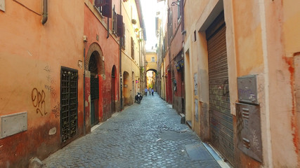 Walking POV at the ancient streets and alleys of Rome, Italy