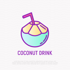 Coconut drink with straw thin line icon. Modern vector illustration of exotic beverage.