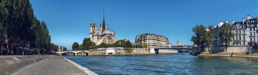 Fototapeta na wymiar Panoramic view of Cathedral of Notre Dame, Paris, architecture, bridge on Seine, tourism and travel postcard