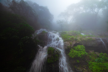 Fototapeta na wymiar A scenic waterfall in the forest, a rainy foggy/misty waterfall landscape in India.