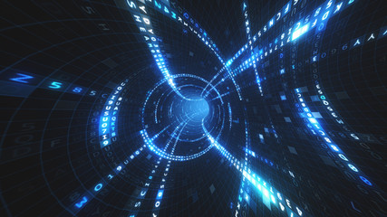 Obraz premium Data tunnel journey 3d illustration Shot inside fibre optic cable. Transmission of digital information as a binary signal