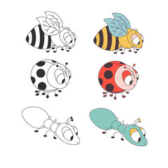 Colorful carton cute bee, pretty ladybug, ant. Vector. Isolated.