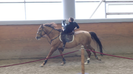 A man trick riding a horse on arena. Man doing stunts on horseback. Man riding a horse lying.