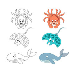 Colorful cartoon crab, stingray, whale. Vector. Isolated.