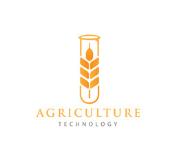 agriculture technology with wheat symbol and glass tube vector logo design
