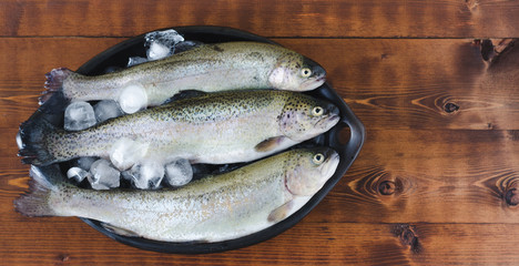Trouts in ceramic bowl over dark wooden background.