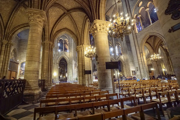 Fototapeta na wymiar Paris, France- circa May, 2017: Notre Dame Cathedral interior at Paris, France. Notre-Dame, is a medieval Catholic cathedral on the Ile de la Cite in the fourth arrondissement of Paris