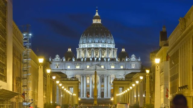 Rome Vatican Italy time lapse 4K, city skyline night timelapse at Saint Peter Basilica
