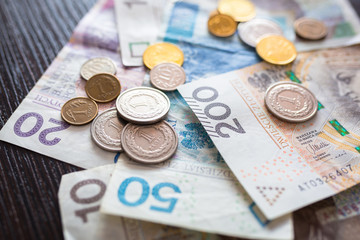 Stack of polish zloty banknotes and coins