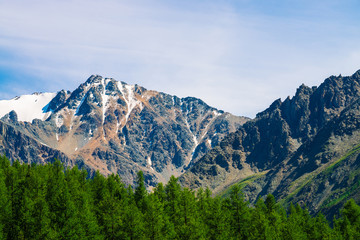 Snowy mountain top behind wooded hill under blue clear sky. Rocky ridge above coniferous forest. Atmospheric minimalistic landscape of majestic nature.