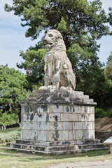 Fototapeta na wymiar Lion of Amphipolis. A fourth century BC funerary monument set up in honor of the admiral Laomedon from Lesbos, a devoted companion of Alexander the Great. The monument was found in 1912 near Amphipoli