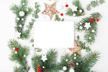 Fototapeta na wymiar Card with Christmas decoration. Holiday mockup. Flat lay, top view