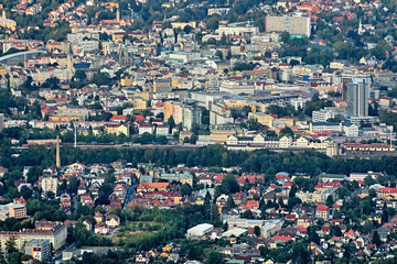 Obraz na płótnie Canvas Detail of Liberec city viewed from Jested hill at summer evening sunset 50 years after soviet occupation of Czechoslovakia 1968