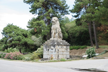 Fototapeta na wymiar Lion of Amphipolis. A fourth century BC funerary monument set up in honor of the admiral Laomedon from Lesbos, a devoted companion of Alexander the Great. The monument was found in 1912 near Amphipoli