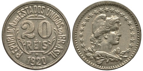 Brazil Brazilian coin 20 reis 1920, value surrounded by country name and date, Liberty head surrounded by stars,