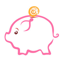 Cute funny piggy bank with a round coin