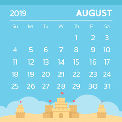 Calendar for August 2019 with sand castle theme -  Vector