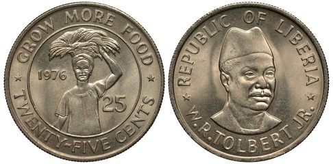 Liberia Liberian coin 25 twenty five cents 1976, subject F.A.O., woman with basket on head divides...