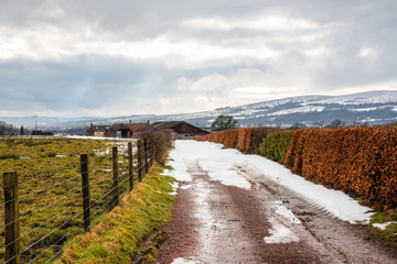 Fototapeta na wymiar Narrow Driveway to a Farm Partially Covered in Melting Snow in the Scottish Highlands on a Cloudy Winter Day
