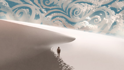 space traveller walking on sand dunes in the white desert to the horizon with fantasy clouds, digital art style, illustration painting