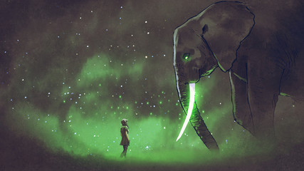 Fototapeta premium młoda kobieta stoi przed gigantycznym słoniem ze świecącymi zielonymi kłami, cyfrowy styl sztuki, malowanie ilustracji