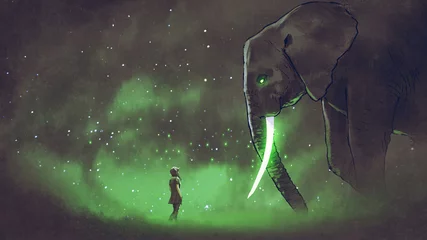 Tuinposter jonge vrouw geconfronteerd met de gigantische olifant met gloeiende groene slagtanden, digitale kunststijl, illustratie schilderij © grandfailure