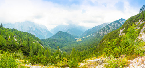 Naklejka na ściany i meble Panoramic view of Alps from road to Mangart saddle in Slovenia