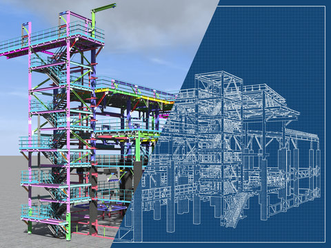 BIM model of a building made of metal construction, metal structure. 3D architectural, construction, industrial and engineering background. 3D rendering. Drawing blueprint.