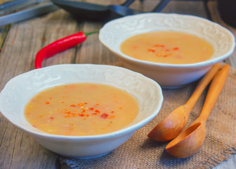 Traditional fresh pea soup in bowls