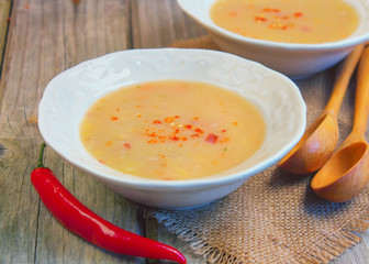 Traditional fresh pea soup in bowls