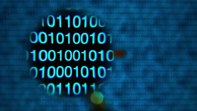 Magnifying glass moving left to right over computer screen with blue matrix style zeros and ones. Word btc written in red letters in code line.
