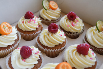 Vanilla cupcakes with fruits on top.