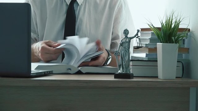 Lawyer working in office, reading legal books and searching for information
