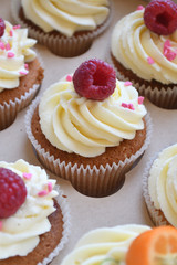 Vanilla cupcakes with fruits on top.