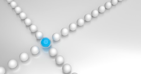 Togetherness in the team concept. Blue ball is the intersection between two rows of white balls.