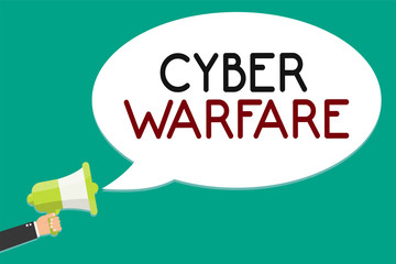 Handwriting text writing Cyber Warfare. Concept meaning Virtual War Hackers System Attacks Digital Thief Stalker Man holding megaphone loudspeaker speech bubble message speaking loud