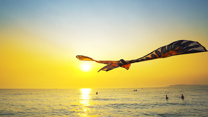 Close up colored toy kite flying high in air against gold sunset sky background sun on sea beach