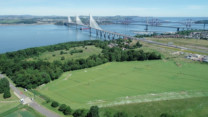 Aerial image of traffic on the approach roads to the Queensferry Crossing bridge near Edinburgh.