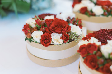 bouquet of red roses in basket