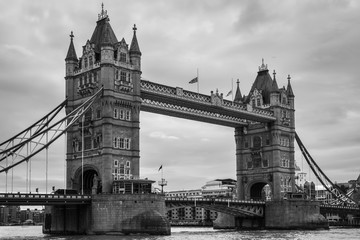 Tower Bridge in London, UK in monochrome. Black and white photography.