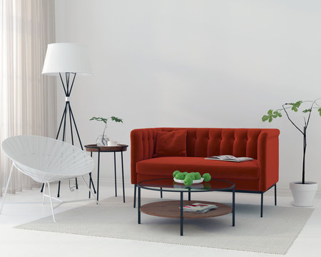 White living room with a red sofa